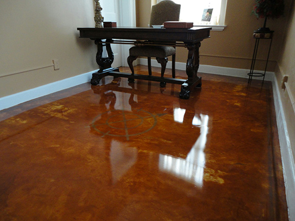 A radiant heated stained concrete floor. A heated stained concrete floor.